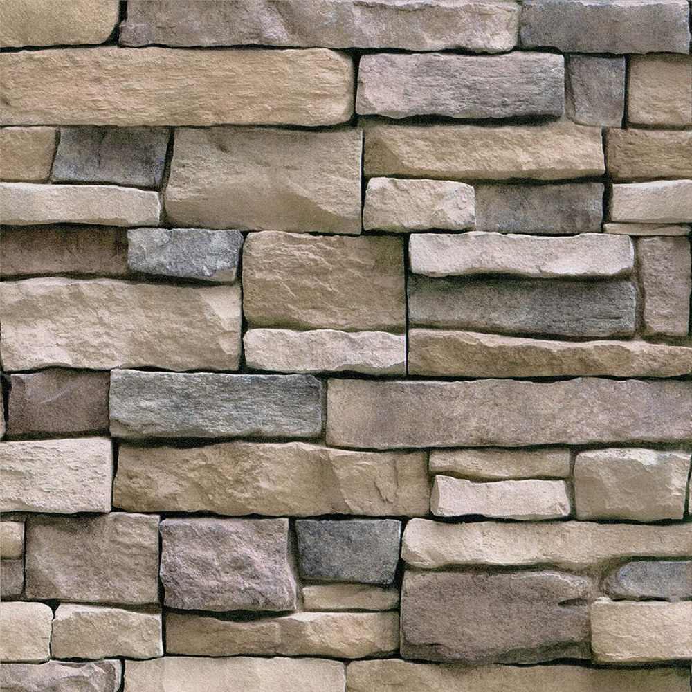 Brown stone brick peel and stick wallpaper on a living room wall